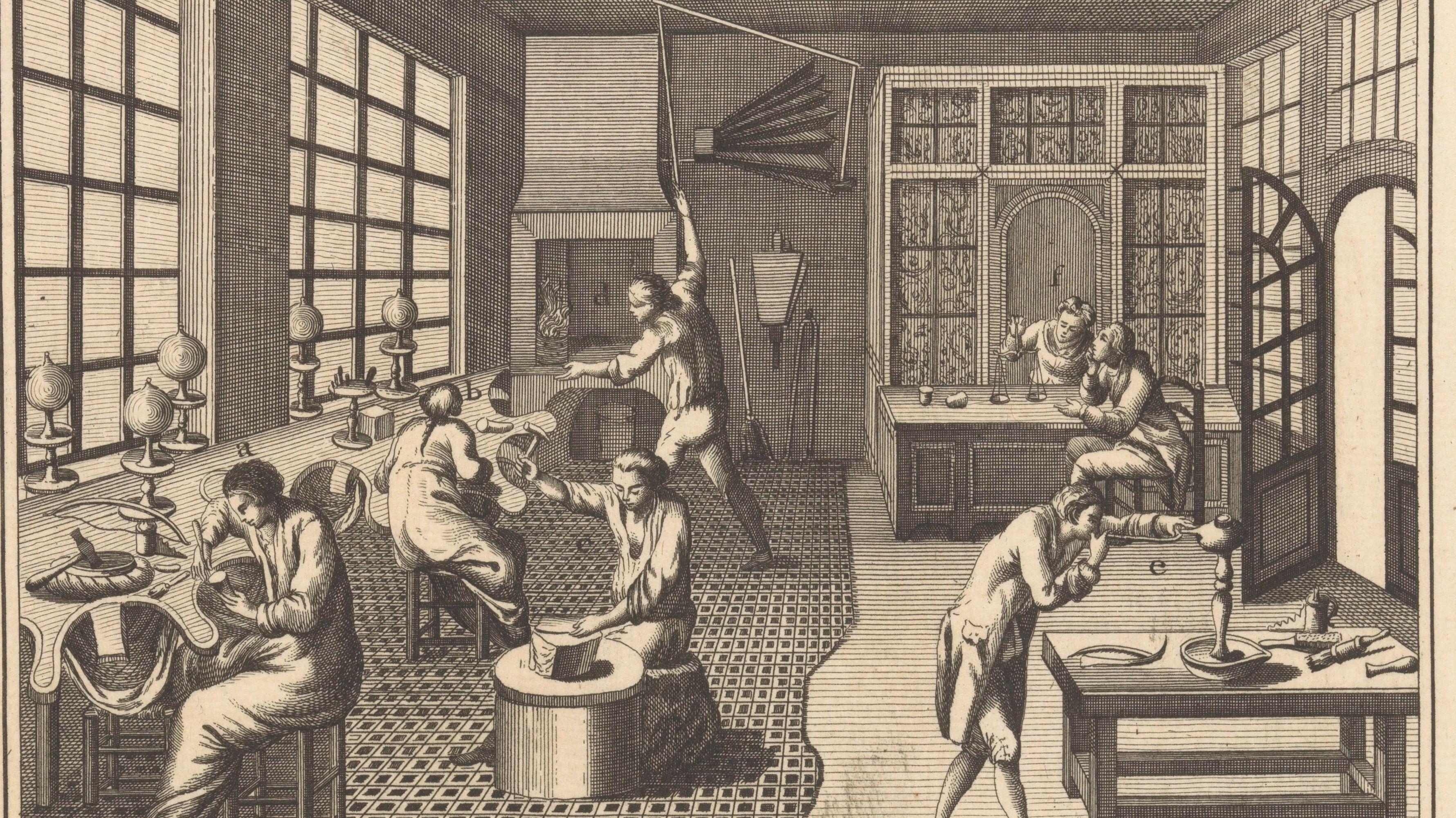 An engraved jeweller's workshop with several people working at benches.
