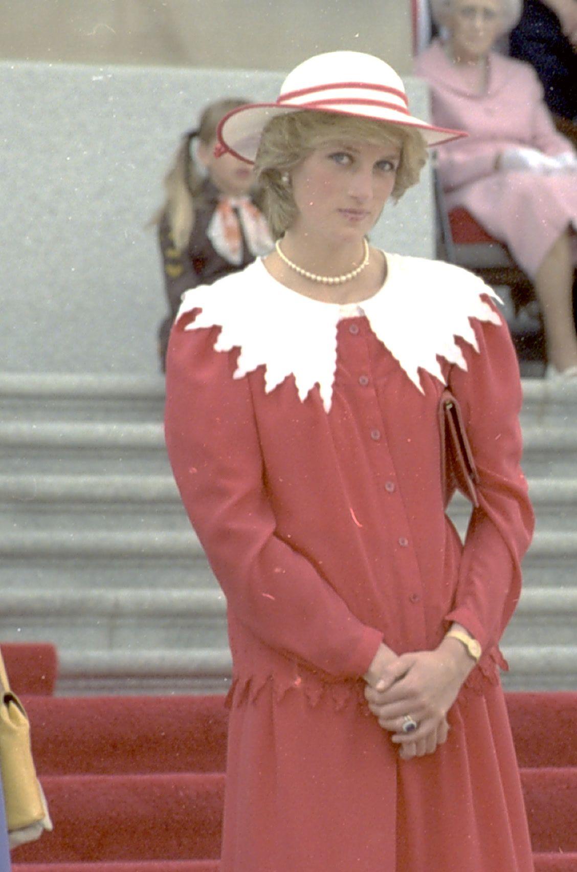 Diana, Princess of Wales wearing her sapphire engagement ring at the Alberta Legislature in 1983.
